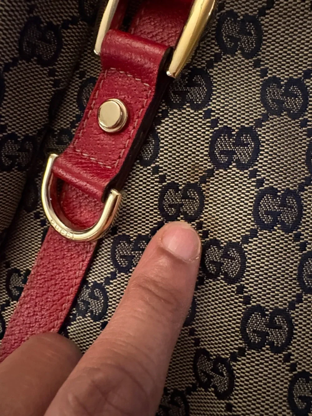 Gucci Beige Monogram Canvas Tote with Red Leather Trim